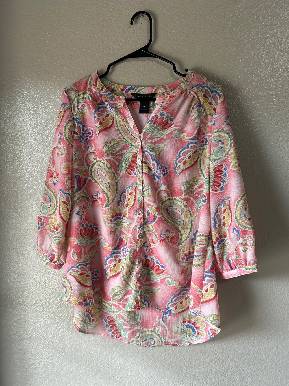 Investments Pink Paisley Floral Button-Front Blouse Sz M Summer Casual TC0098